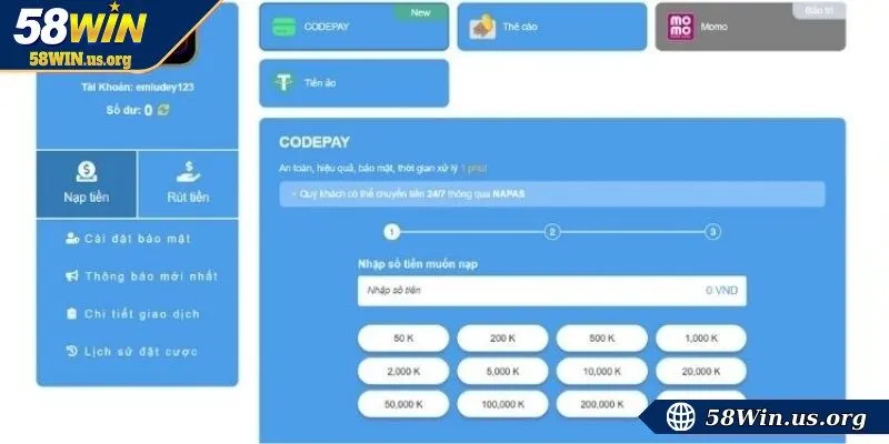 Các phương thức nạp tiền 58WIN phổ biến nhất hiện nay